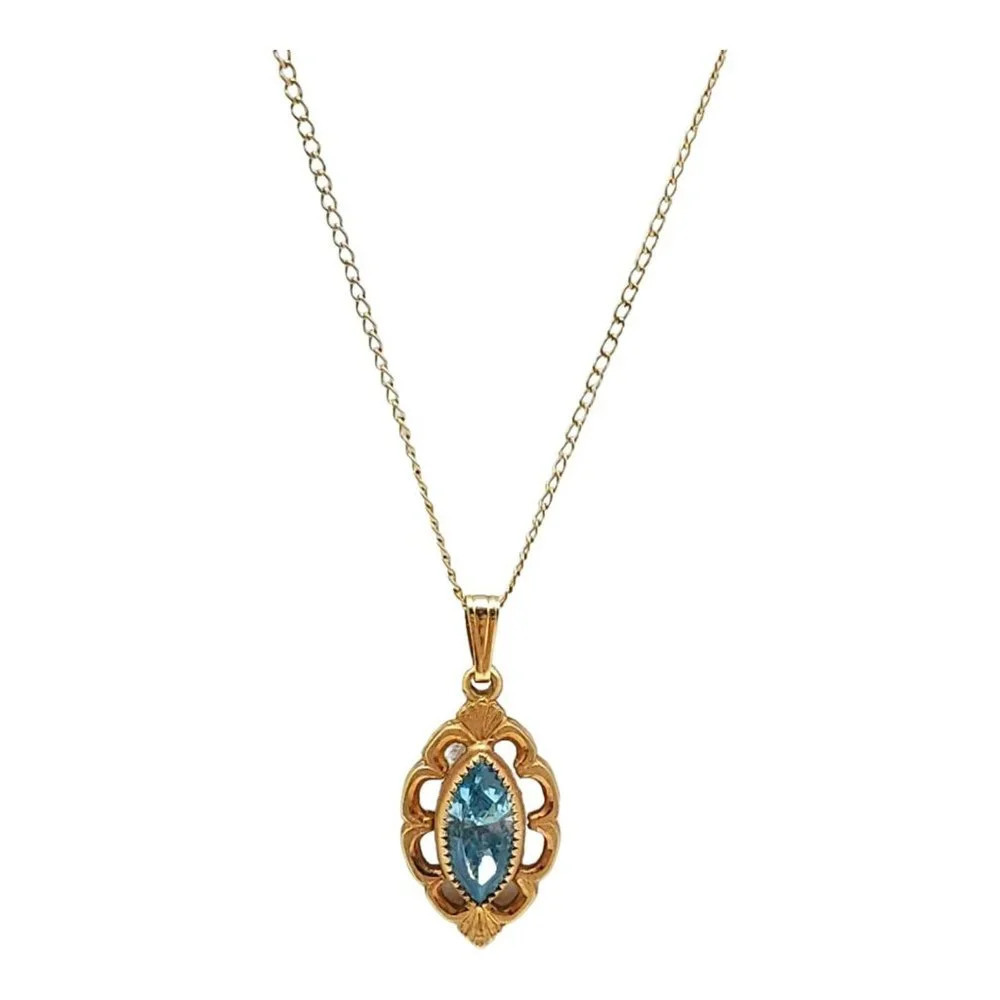 Blue Marquise Cut Rhinestone Pendant Chain Necklace Spring Clasp Gold Plated VTG